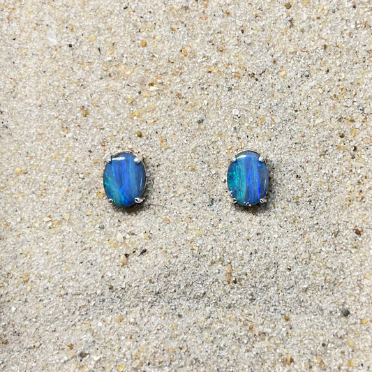 Blue solid boulder opal studs